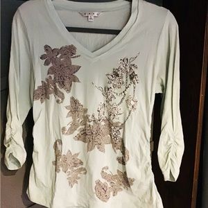 CAbi Light Blue artsy 3/4 sleeve beaded cotton tee Sz Large, Style #514